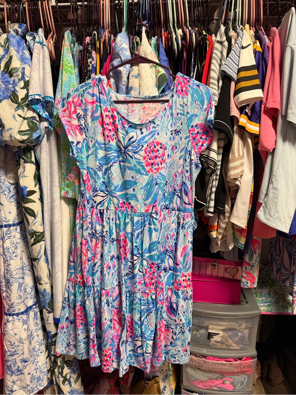 Lilly Pulitzer Cap-Sleeve Tiered Dress in Light Blue and Pink Floral